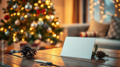White card sits on a table next to a pine cone
