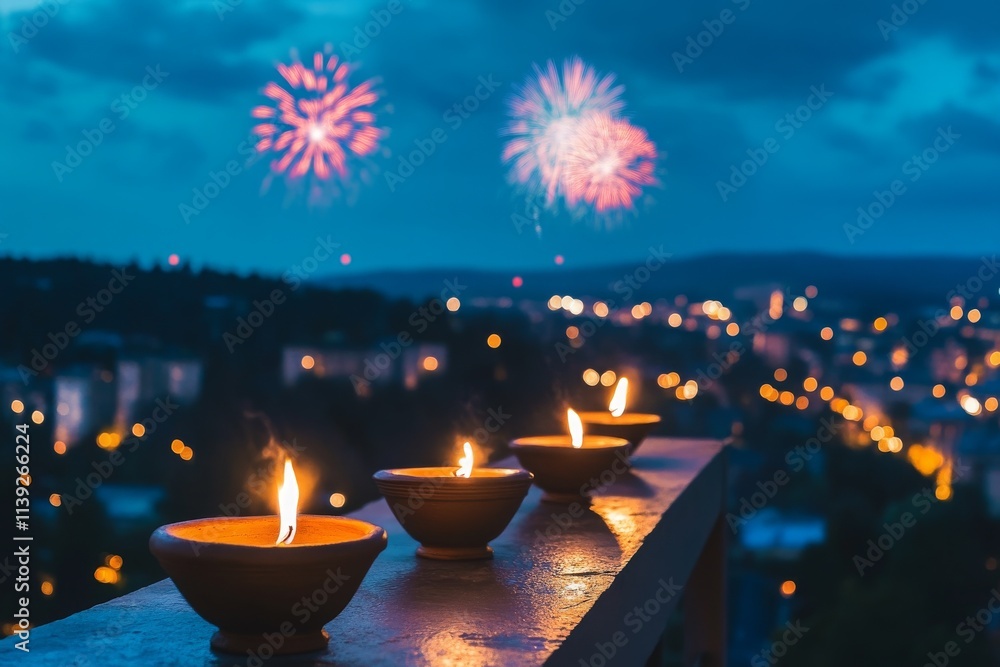 Beautiful Evening Scene of Diyas with Fireworks Display Over a City Skyline Under a Dramatic Blue Sky at Night Beautiful Evening Scene of Diyas with Fireworks Display Over a City Skyline Under a Dramatic Blue Sky at Night