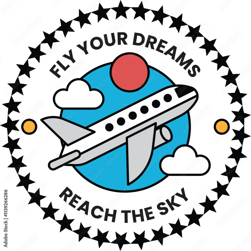 A round sticker with an airplane on it A round sticker with an airplane on it