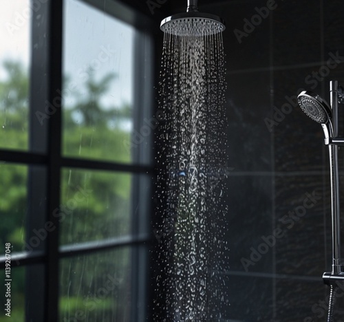 Fresh shower behind wet glass window with water drops splashing. Water running from shower head and faucet in modern bathroom. Generative AI

