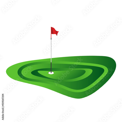 Vector illustration of a golf green, vibrant green color with subtle shading for depth, red flag with a white pole and a white golf ball with small dimple pattern in the hole
