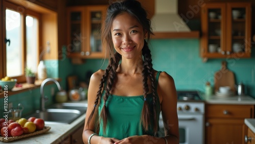 Smiling Woman in a Green Tank Top Stands in a Cozy Kitchen With Fresh Fruit and Wooden Cabinetry photo