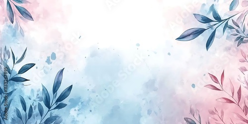 Watercolor background with blue and pink leaves.