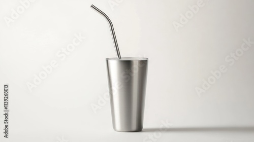 Metal cup with reusable bent straw on white backdrop.