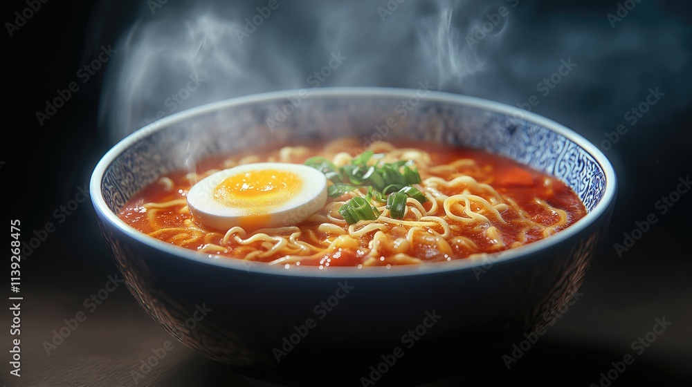 A steaming bowl of ramen with an egg and noodles coated in ketchup, set against a dark blue background illuminated with cinematic lighting, perfect for food advertisements or restaurant promotion.