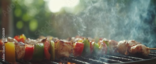 Skewers on grill, smoke rising,  green outdoor background. photo