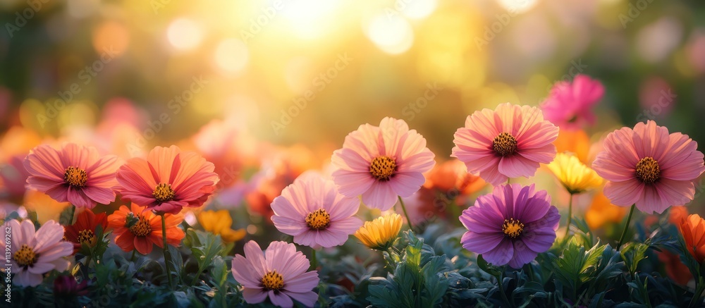 Vibrant cosmos flowers in a sunlit garden. Vibrant cosmos flowers in a sunlit garden.