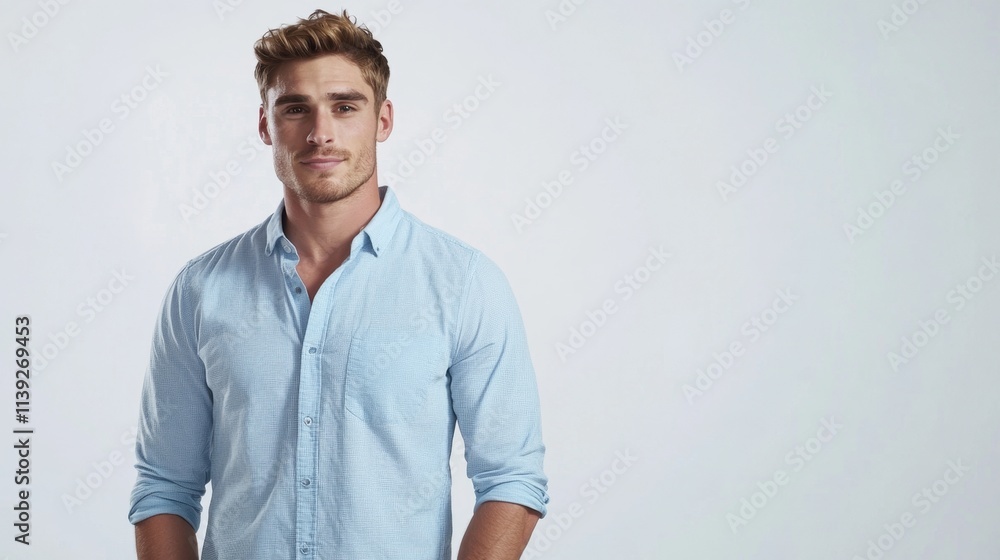 Casual Man in Light Blue Button-Up Shirt with Relaxed Expression Casual Man in Light Blue Button-Up Shirt with Relaxed Expression