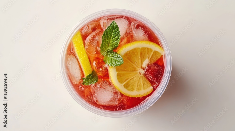 Top view of red drink with lemon, mint, and ice in a cup. Top view of red drink with lemon, mint, and ice in a cup.