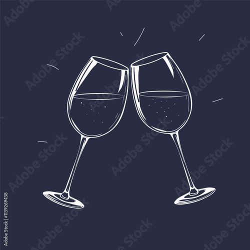 One-line art, two wine glasses clinking together in a toast, vector-style illustration, minimalistic, white on a dark blue background, with white lines, hand-drawn