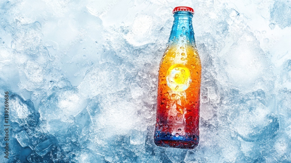 Icy multi colored soda bottle with condensation in ice.