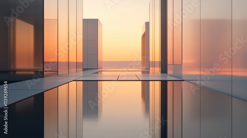 Modern architecture reflecting golden sunset over water feature