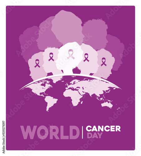 World Cancer Day banner with silhouette, awareness ribbon, and global map.