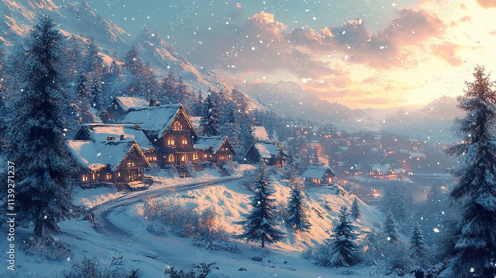 Naklejka premium Snowy Mountain Village at Sunset: A Winter Wonderland