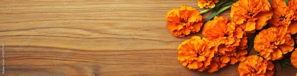 Orange marigolds on wooden background. Orange marigolds on wooden background.