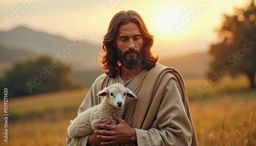 Serene Shepherd Holding Lamb in Golden Field at Sunset Amidst Gentle Hills and Soft Light