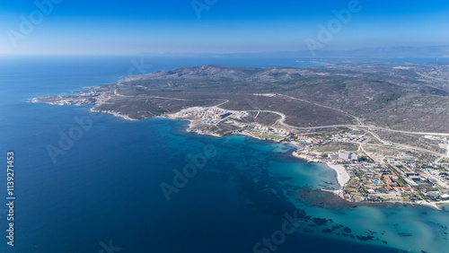 Aerial view of marina yacht club in turkey alacati port.