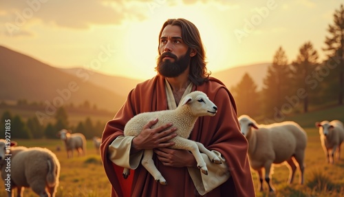 Shepherd Holding a Lamb in a Serene Pastoral Landscape at Sunset