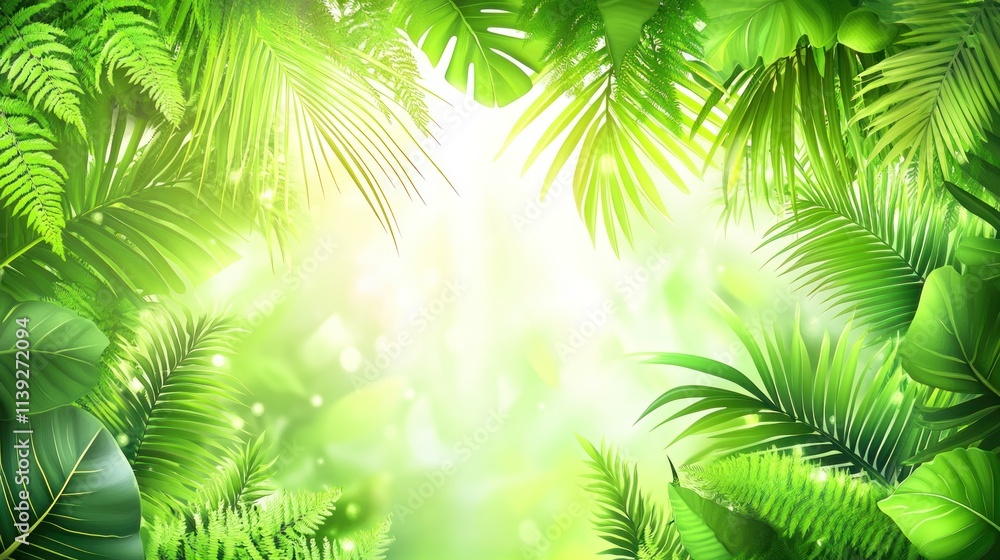 Lush green foliage frames a bright sunlit scene. Lush green foliage frames a bright sunlit scene.