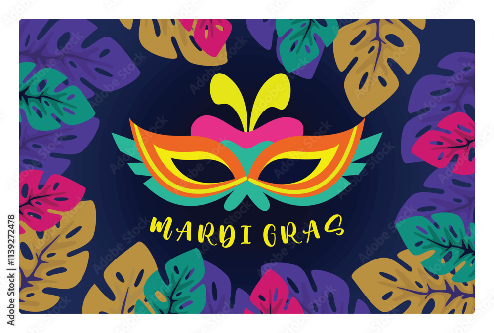 Obraz premium Mardi Gras mask with colorful tropical leaves.