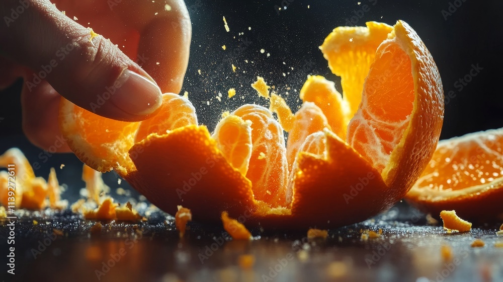 Close-Up of a Person Peeling an Orange with Flying Citrus Spritz Close-Up of a Person Peeling an Orange with Flying Citrus Spritz