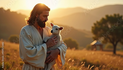 Serene Portrait of a Shepherd Holding a Lamb at Sunset in a Tranquil Rural Landscape