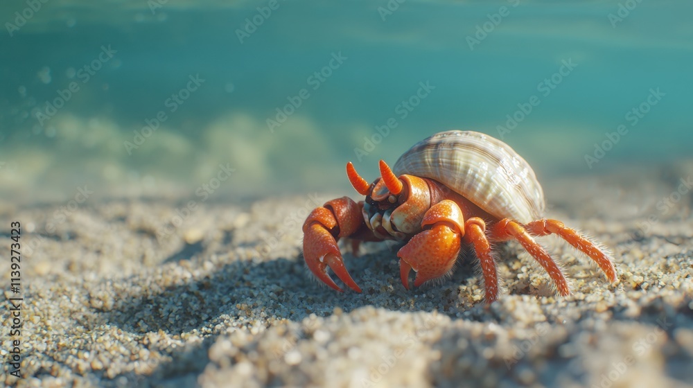 Vibrant Crab on Sandy Beach with Clear Turquoise Water Background Vibrant Crab on Sandy Beach with Clear Turquoise Water Background