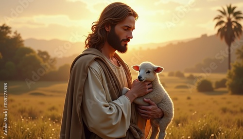 Serene Portrait of a Man with Long Hair Holding a Sheep in a Tranquil Nature Setting