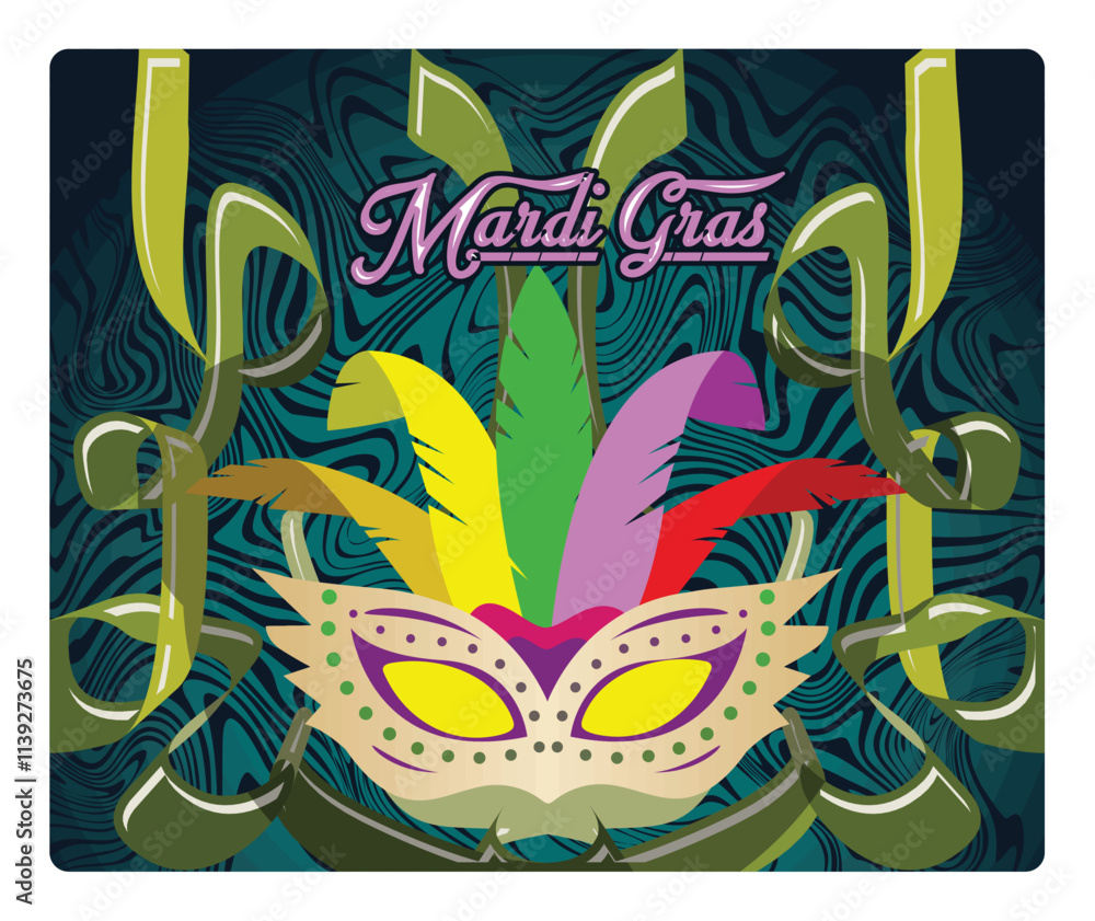 Mardi Gras mask with colorful feathers and swirling ribbons.