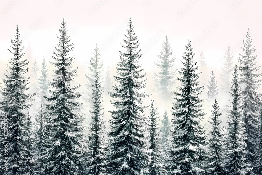 Obraz premium Snowy Evergreen Trees in Misty Forest Landscape During Winter