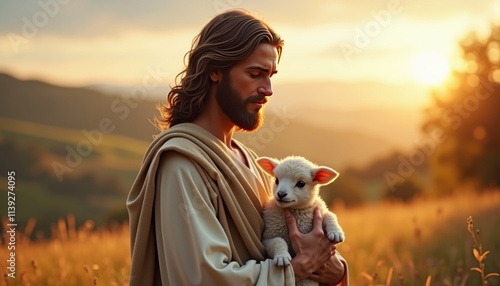 Serene Man Holding Lamb at Sunset in Peaceful Rural Landscape with Soft Light and Nature
