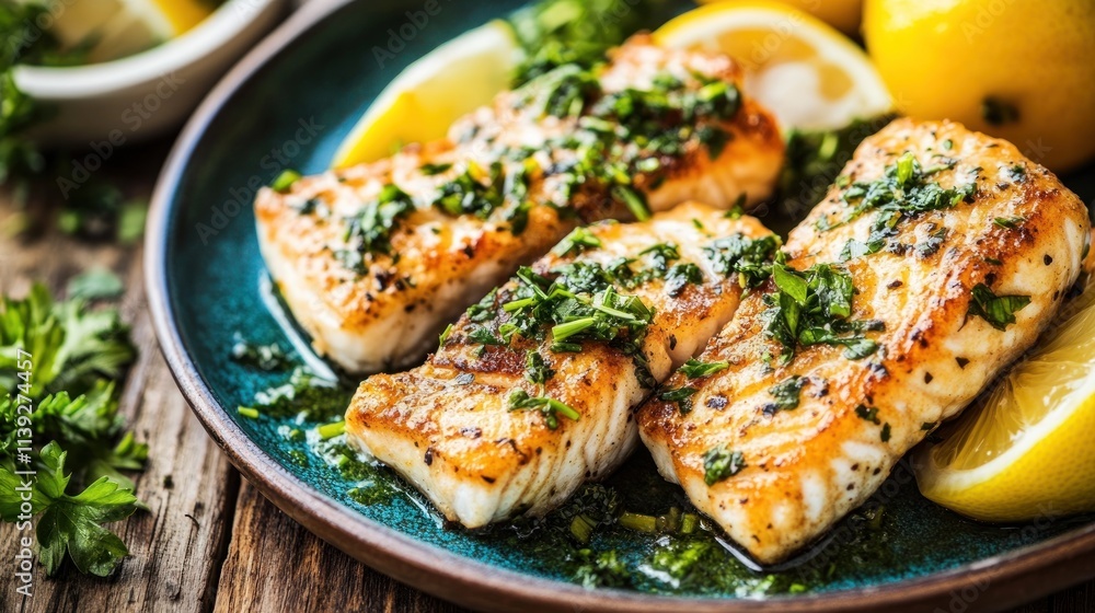 Grilled fish fillets with herbs and lemon on a plate. Grilled fish fillets with herbs and lemon on a plate.