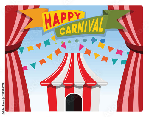 Carnival festival banner with striped circus tent and colorful flags.