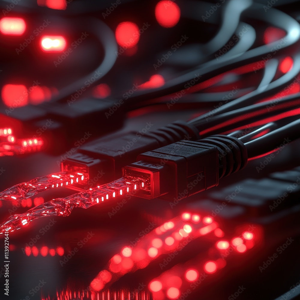 Preventing Cyber Attacks: Cybersecurity for Hacking concept. Abstract close-up of glowing red electronic cables. Preventing Cyber Attacks: Cybersecurity for Hacking concept. Abstract close-up of glowing red electronic cables.
