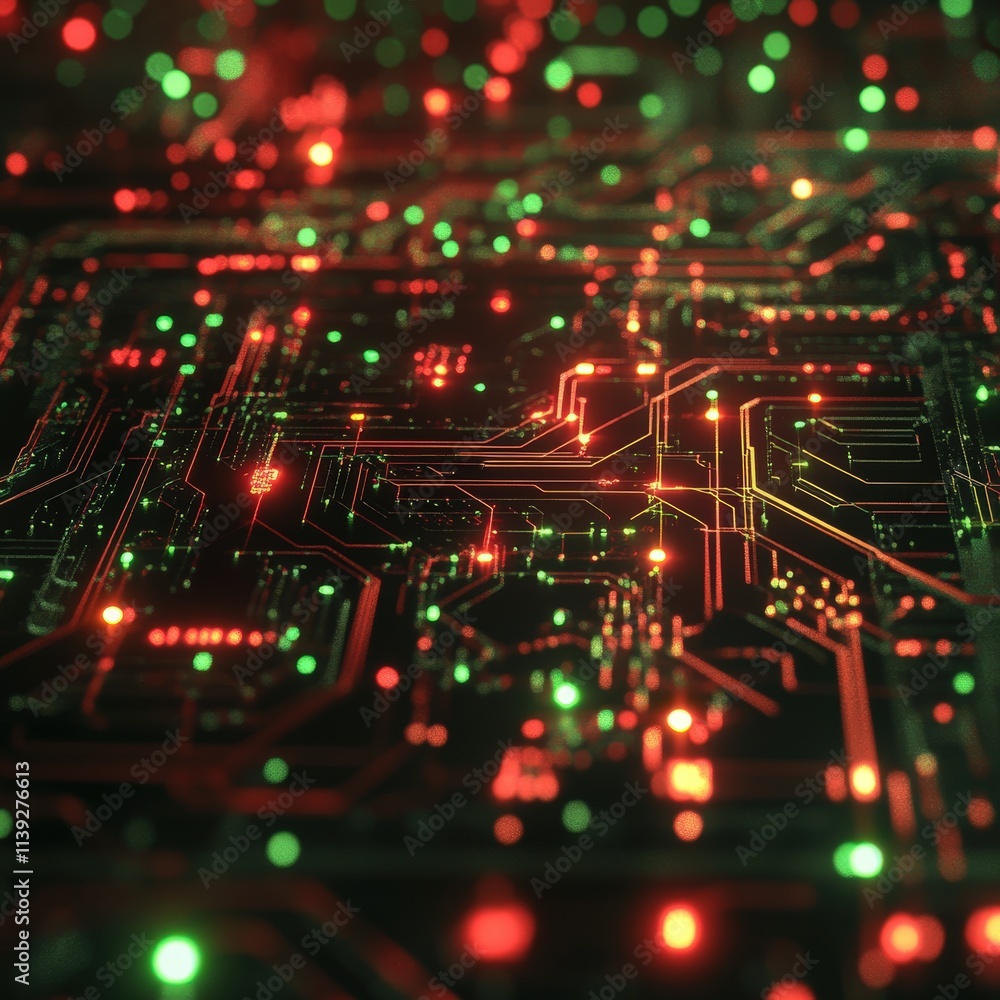 Preventing Cyber Attacks: Cybersecurity for Hacking concept. Abstract circuit board with glowing lights in red and green hues. Preventing Cyber Attacks: Cybersecurity for Hacking concept. Abstract circuit board with glowing lights in red and green hues.
