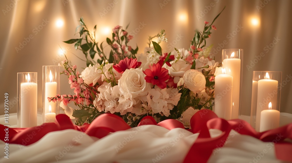 Obraz premium A podium decorated with white and red ribbons, soft candlelight, and a romantic flower arrangement, set for a Valentine is Day speech