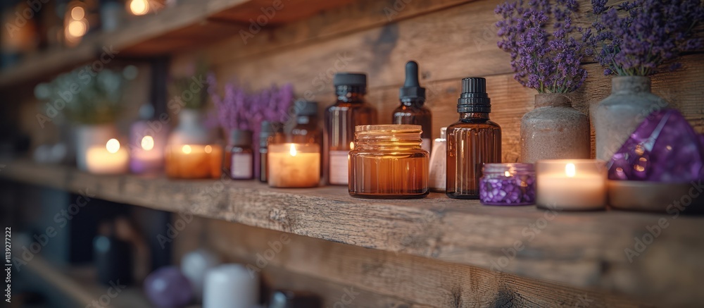 Aromatic candles, essential oils, and dried lavender on rustic wooden shelves. Aromatic candles, essential oils, and dried lavender on rustic wooden shelves.