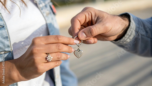 couple exchanges heart shaped keychain, symbolizing love and connection