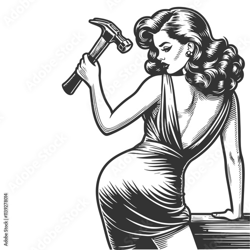 pin-up girl with hammer, classic femininity with a strong and empowered pose sketch engraving generative ai fictional character vector illustration. Scratch board imitation. Black and white image.