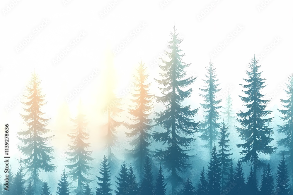 Obraz premium Enchanted Misty Forest with Soft Light and Pine Trees at Sunrise