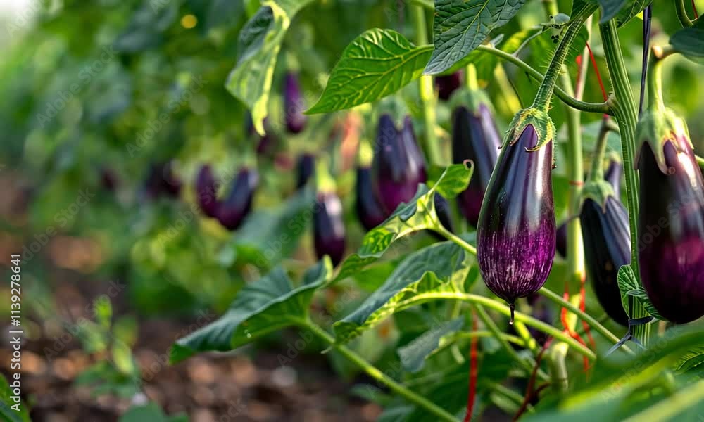 Ripe Eggplants Hanging on the Vine in a Sunny Garden Ripe Eggplants Hanging on the Vine in a Sunny Garden