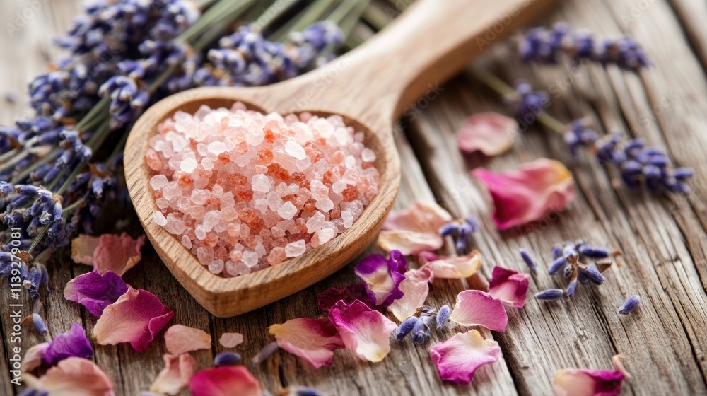 Pink Himalayan salt in wooden spoon with lavender and rose petals. (1) Pink Himalayan salt in wooden spoon with lavender and rose petals. (1)