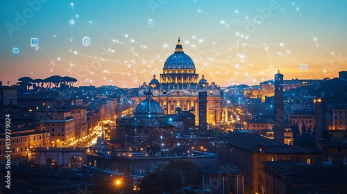 Futuristic Smart City Landscape with Digital Community in Rome