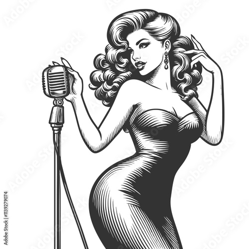 woman in a tight evening dress singer holding a microphone the classic style sketch engraving generative ai fictional character vector illustration. Scratch board imitation. Black and white image.
