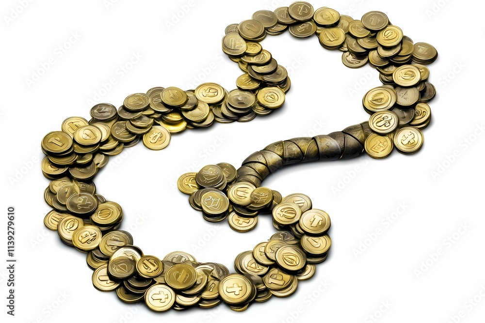 Stacked Golden Coins Forming Unique Shape on White Background Stacked Golden Coins Forming Unique Shape on White Background