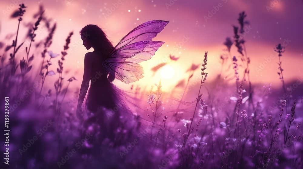 Fairy Silhouette In Purple Wildflower Field At Sunset Fairy Silhouette In Purple Wildflower Field At Sunset