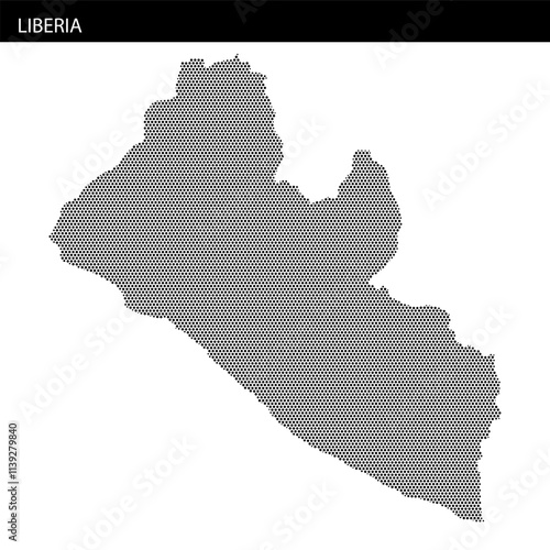 Map outline of Liberia created using dot pattern with geographical details