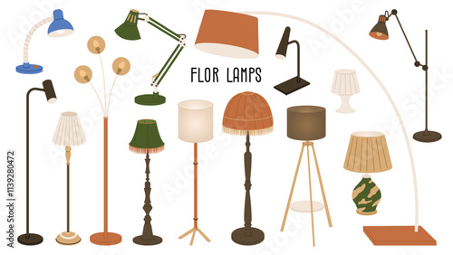 Set of different floor, table and floor lamps. Fabric, metal, glass and paper lampshades. Modern and classic lighting fixtures. Interior furnishings. Vector illustration