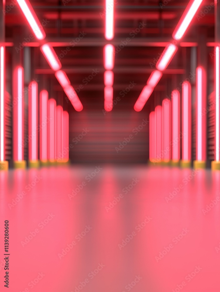 warehouse red neon concept. Futuristic corridor with glowing pink lights and smooth floor. warehouse red neon concept. Futuristic corridor with glowing pink lights and smooth floor.