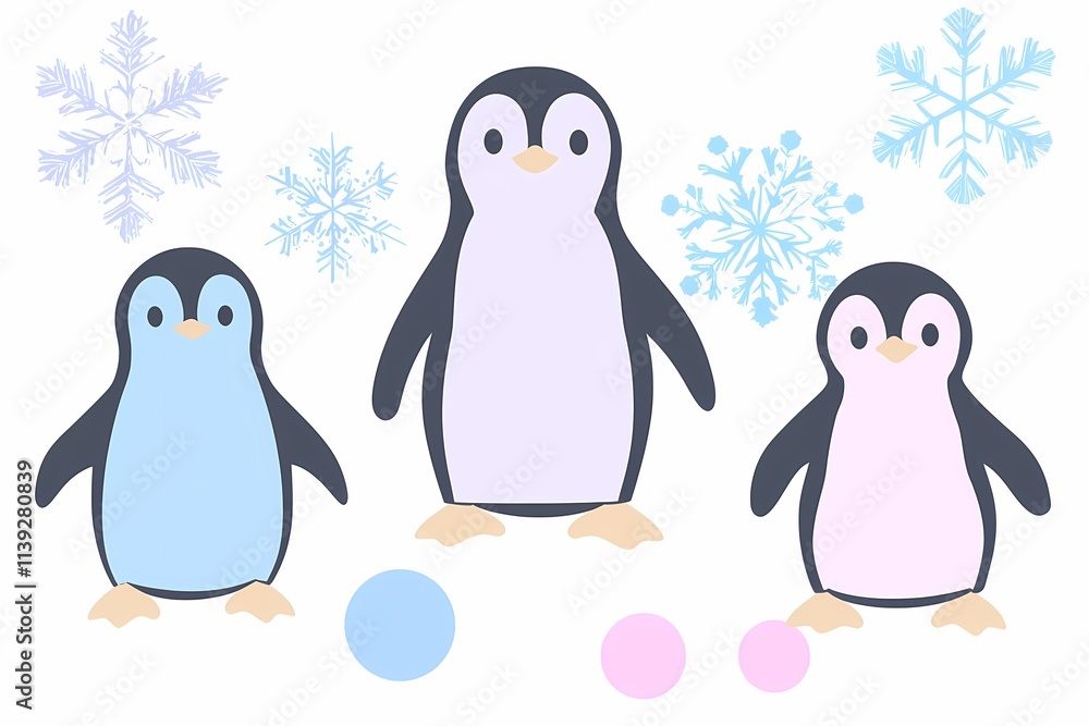 Naklejka premium Cute Cartoon Penguins with Snowflakes and Colorful Circles